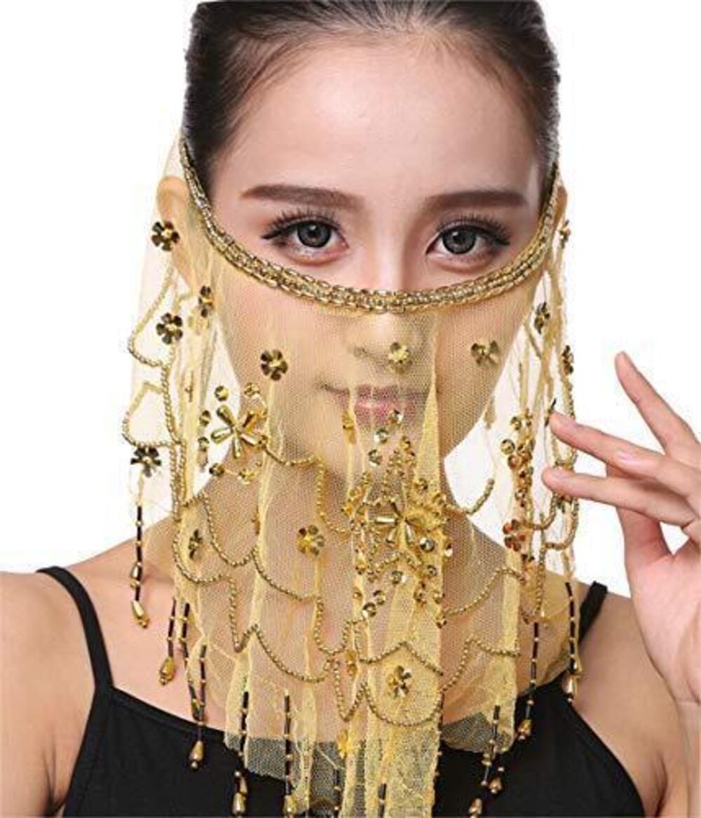 3605 Belly Dance Face Veil with Beads Sequins Halloween Genie Costume
